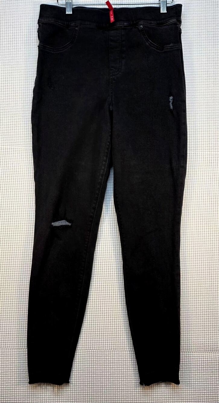 SPANX Distressed Black High Rise Skinny Jeans Pull On Shaping Denim Womens Large